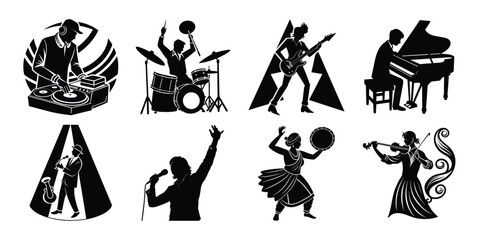 Obraz premium Silhouette Musicians Performing DJ Drummer Guitarist Pianist Singer Tambourine Player Violinist