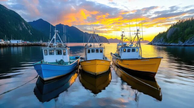 Colorful fishing boats sunset create stunning reflections calm water, framed by majestic mountains