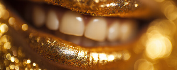 Golden lips and bright smile captured during an artistic makeup session in a studio