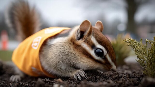 Cute Chipmunk Wearing Work Clothes Observing Soil