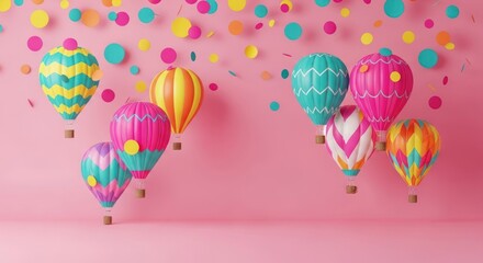 Naklejka premium Colorful hot air balloons float against a vibrant pink backdrop dotted with confetti, creating a cheerful and playful scene.