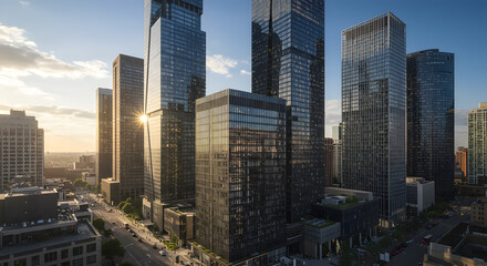 Obraz premium Stunning modern cityscape with sunflare through glass skyscrapers at golden hour