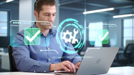 A professional man focuses on his laptop, utilizing advanced digital tools in a sleek and modern office. The setup features innovative technology and clean design, enhancing productivity - Powered by Adobe
