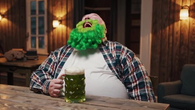 Funny man with green beard and big belly laughing, drinking green beer with foam from mug in tavern. Oktoberfest, Beer Day celebration at beer festival.