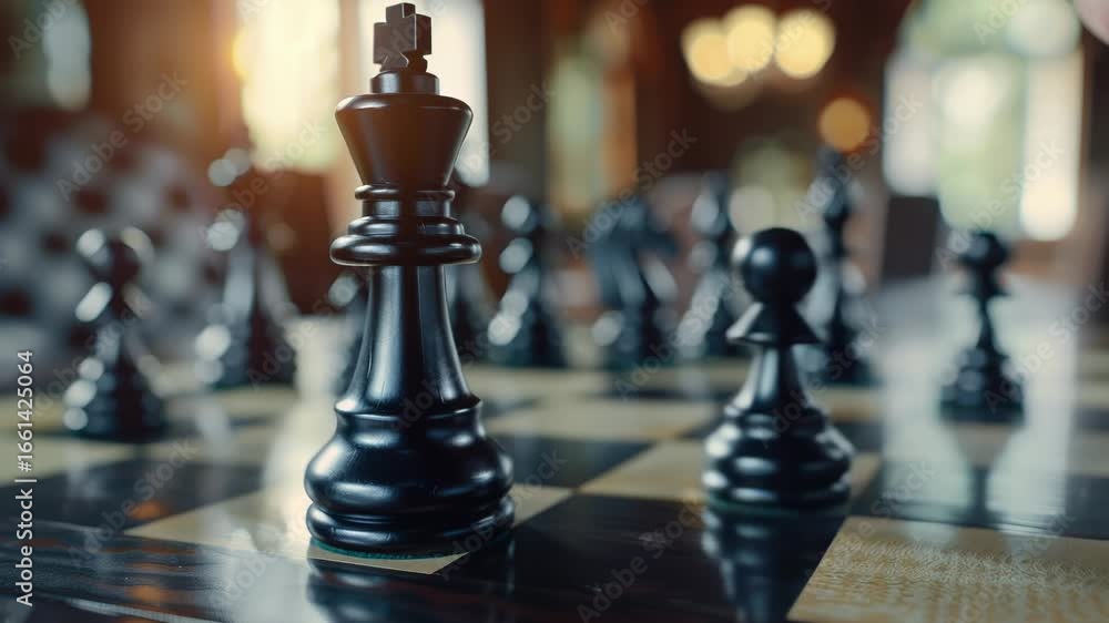 Poster a close-up view of a chess board with multiple pieces in various positions