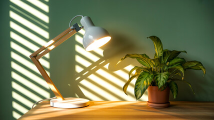 Minimalist white desk lamp with wooden arms casts shadows, mint wall