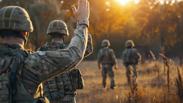 Group of soldiers standing in a field, saluting with hands raised