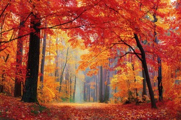 Fototapeta premium Autumn forest path bathed in warm light