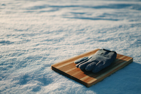 single glove rests on bed of soft fresh snow symbolizing anticipation of winter beauty