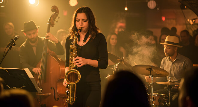 Dynamic jazz band ignites the night with soulful saxophone melodies and rhythmic beats creating an electric atmosphere