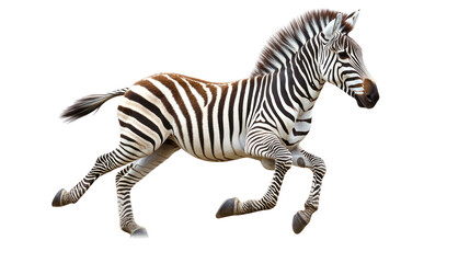 Zebra running fast on plain white background isolated on transparent background