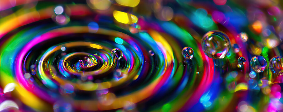 Vibrant water droplets creating colorful ripples on a reflective surface during a close-up photography session