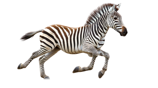 Zebra running fast on plain white background isolated on transparent background