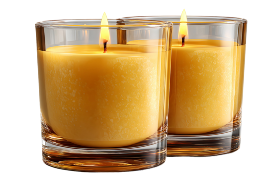 Elegant glass candles glowing warmly against a stark transparent background ambience