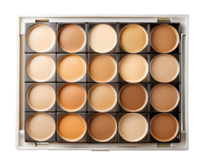 Concealer makeup palette with various skin tone shades isolated on transparent background
