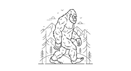 Mythical Bigfoot walking through forest with mountain landscape in black and white illustration