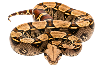 Coiled boa constrictor snake looking directly at the camera isolated on a transparent background