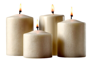 Elegant quartet: Lit candles casting warm light on a transparent background scene