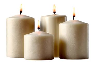 Elegant quartet: Lit candles casting warm light on a transparent background scene