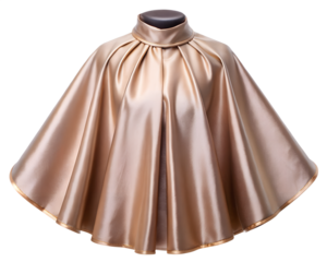 Elegant gold satin pleated cape with high collar isolated on transparent background