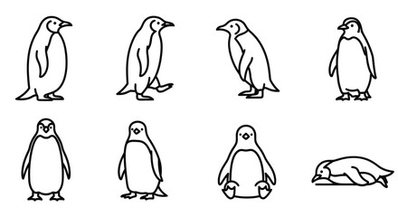 Charming penguin icons capture playful Antarctic wildlife in various adorable poses