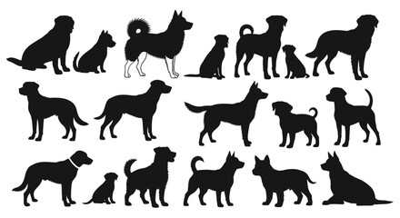 Diverse dog breed silhouettes showcase various poses and sizes, perfect for pet-related designs.