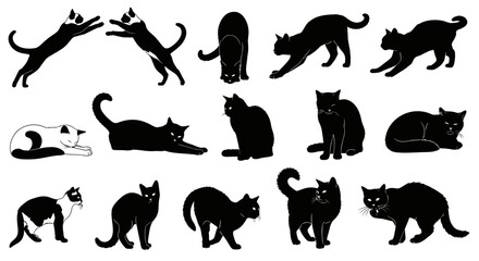 Dynamic cat poses captured in sleek black silhouettes, showcasing playful, resting, and stretching movements.