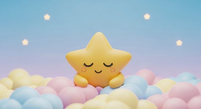 A charming, yellow star figure rests peacefully amongst pastel-colored clouds, creating a serene and whimsical scene.