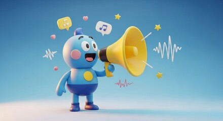 A friendly cartoon character, vibrant blue and cheerful yellow, uses a megaphone to share an announcement in a playful, positive setting.