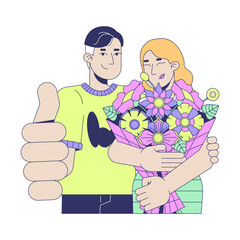 Thumb up man embracing woman with flowers bouquet 2D cartoon characters. Romantic gift. Anniversary affectionate couple caucasian flat vector people isolated on white. Spot illustration colorful