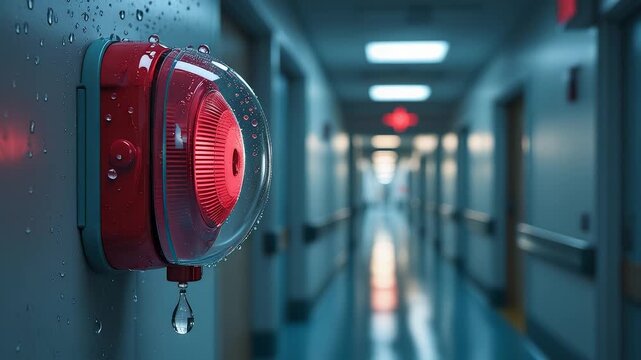 Red Fire Alarm Corridor Hospital Emergency Safety System Wet Wall Medical Facility Interior