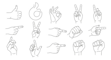 Collection of modern hand gesture icons conveying approval, direction, peace, and affirmation for your projects.