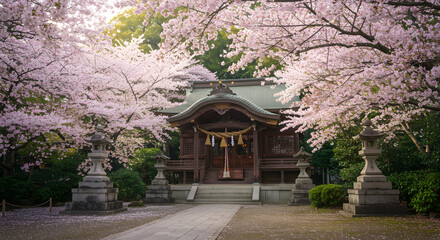 Serene Japanese shrine nestled amongst vibrant blooming cherry blossoms during spring's gentle embrace.