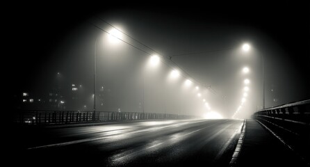 Foggy night road bridge lit by streetlights