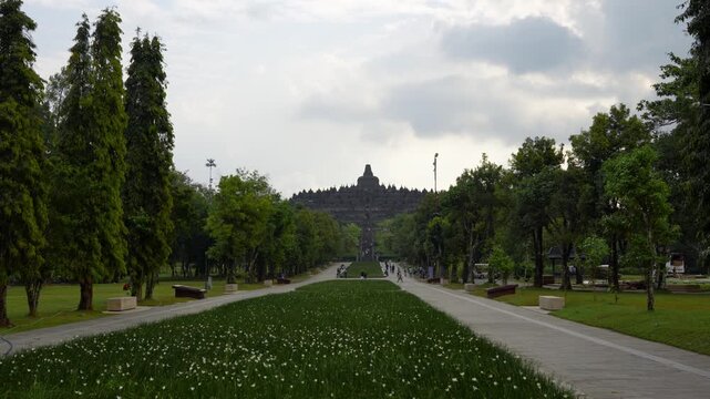 Entrance to Borobudur 9th-century Mahayana Buddhist temple during the day in Magelang Regency, Central Java, Indonesia, wide shot
