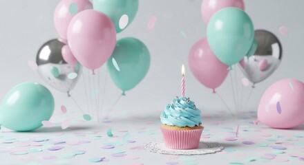 A pastel-toned birthday cupcake scene with balloons and confetti, showcasing a light and joyful mood.