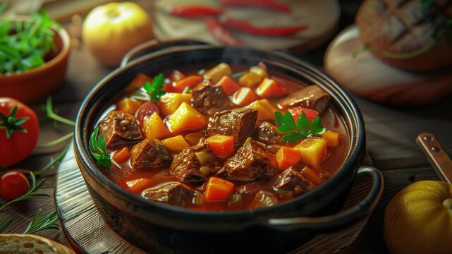 A bowl of hot stew sits on top of a rustic wooden table