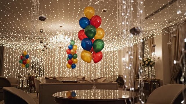 A brightly decorated party room with balloons and lights.