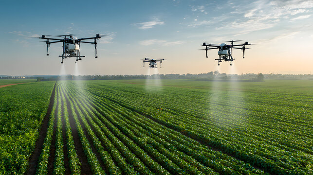 Aerial view of a modern farm with drones flying over large green fields spraying crops with precision technology under clear blue sky