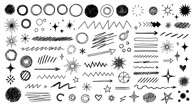 Doodle elements collection hand drawn scribbles arrows circles stars bursts and lines for design