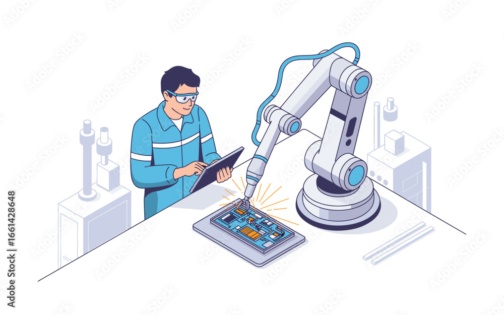 Poster engineer overseeing robotic arm soldering circuit board with a tablet, illustrating automated manufa