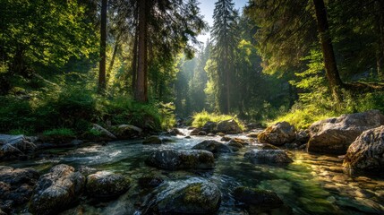 Obraz premium Sunlight streams through a lush forest, illuminating a babbling brook