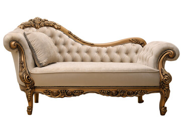 French shabby chic beige chaise lounge, tufted upholstery, ornate carved gold wood frame on transparent background, vintage fainting chair.