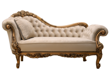 French shabby chic beige chaise lounge, tufted upholstery, ornate carved gold wood frame on transparent background, vintage fainting chair.