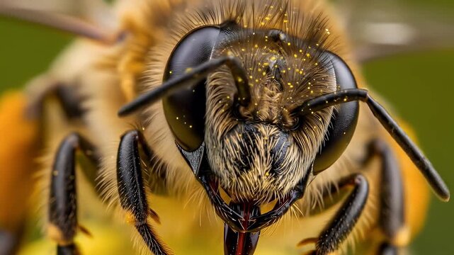 macro close up of honey bee head covered in pollen