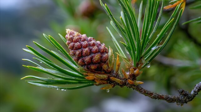 "Swiss Stone Pine Branch with Cone (Pinus cembra)"