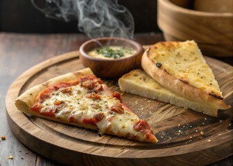 pizza slice on rustic tray with garlic bread piece