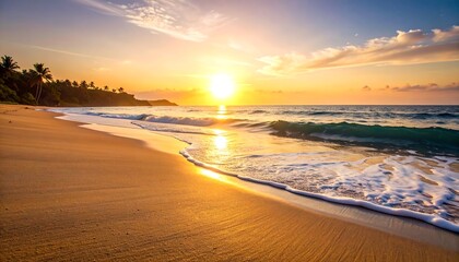 Obraz premium Golden hour at a tropical beach paradise: Tranquil waves meet warm sand