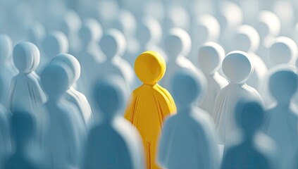 A single bright yellow figure amidst a crowd of light blue and white figures