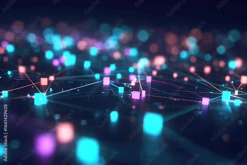 Poster bright and colorful digital network visualization displaying connections and data points at night